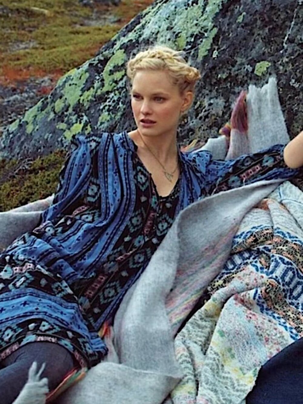 ANTHROPOLOGIE Holding Horses Winter Moon Blue Aztec Print Tunic Peasant Dress